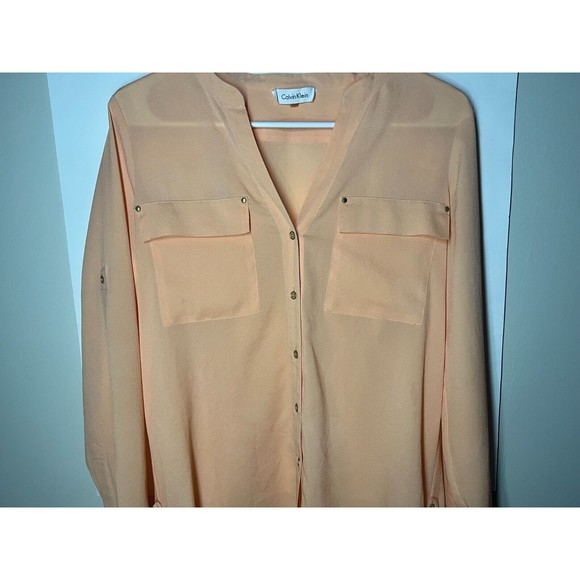Calvin Klein Mandarin Collar Button Roll-Up Sleeve Blouse Peach Women's Size S - Picture 2 of 5